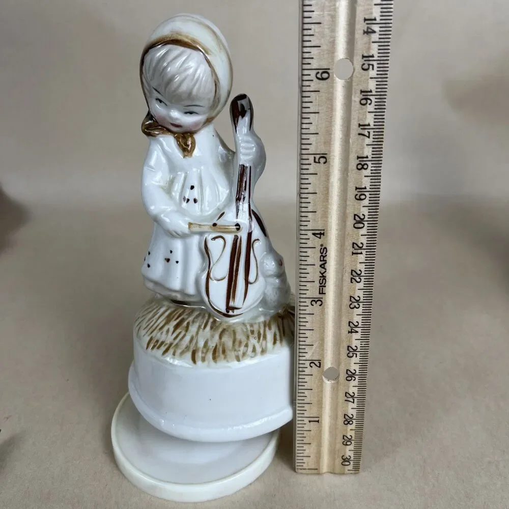 VTG Rotating Musical Box Girl Playing Cello Porcelain 6.5” Works‎